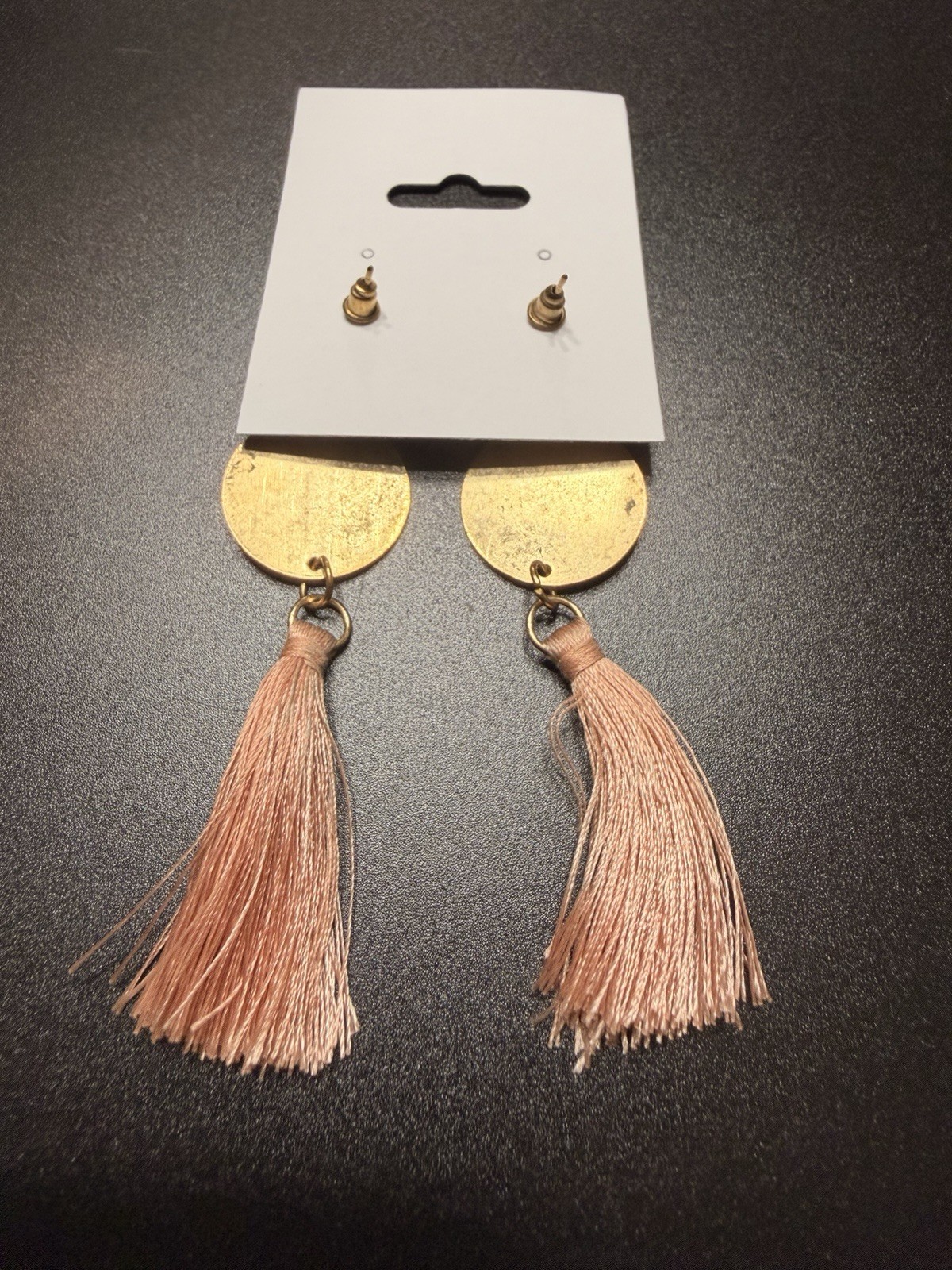 Gold Tone Round Disc Dangle Earrings Pink Tassel Fringe Bohemian Butterfly