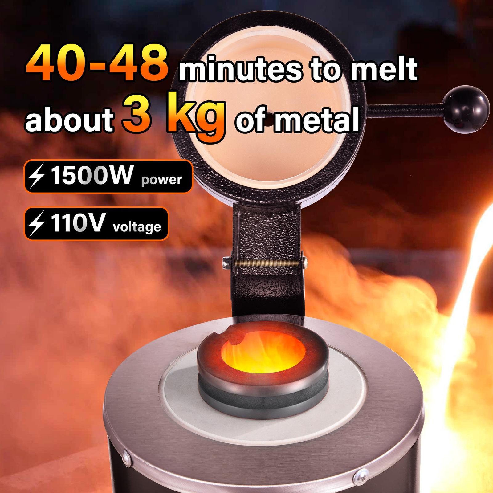 1500W Electric Gold Melting Furnace Digital Smelting Furnace W/3KG Crucibles
