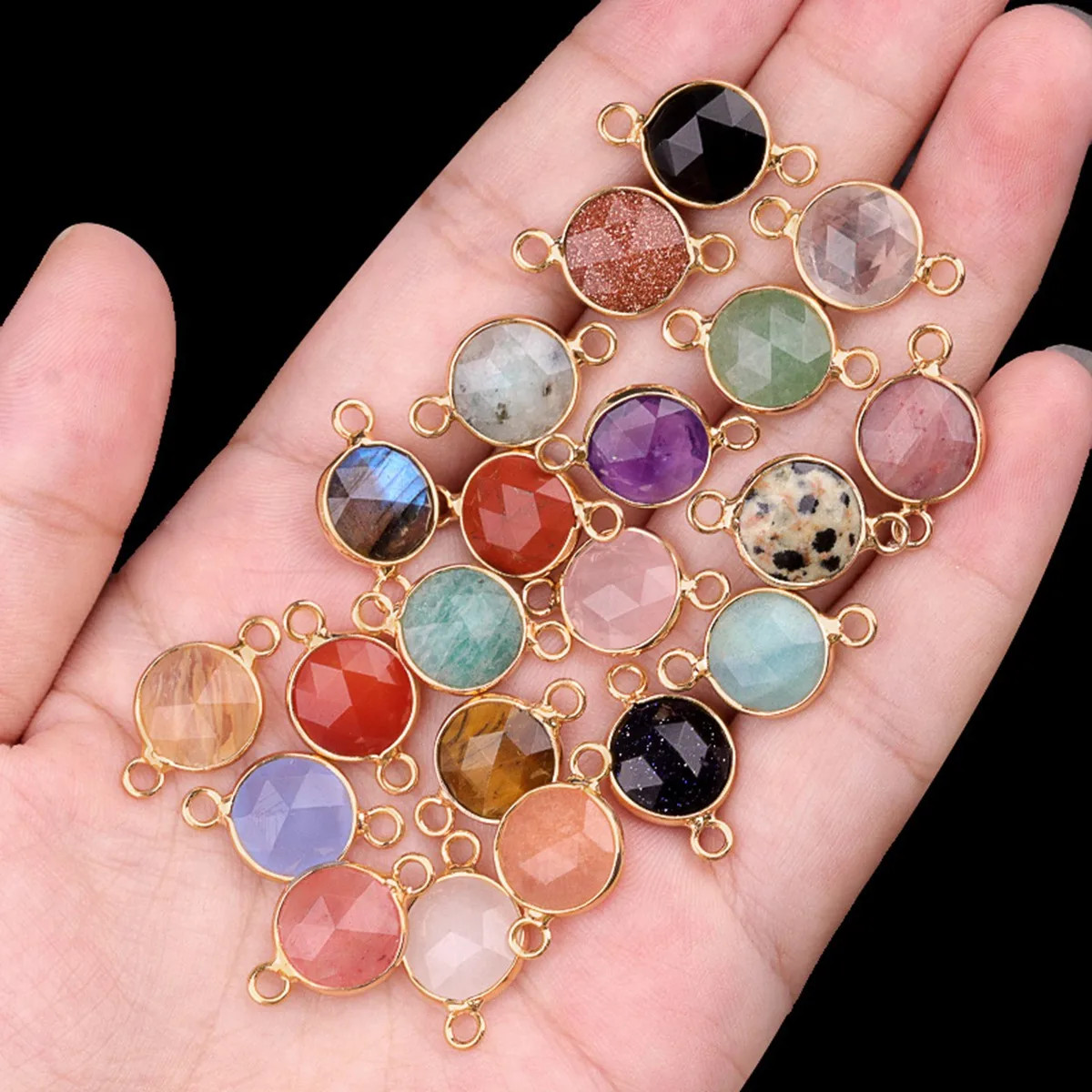 12PC Wholesale 11mm Round Natural Gemstone Connector Gold Charms for DIY Jewelry