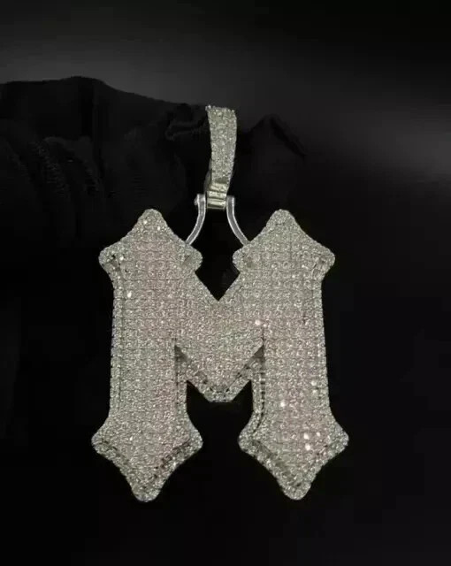 2 Ct Round Cut Moissanite 925 Silver Men’s Custom M Single Letter Pendant 2″