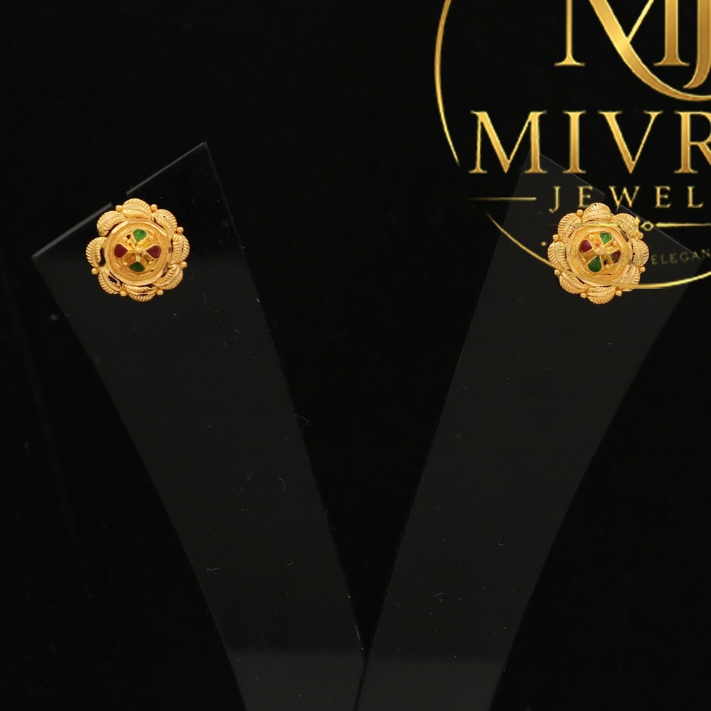 22K Seal Gold Bajoran Fancy Earrings 1.3cm Lightweight Wedding Jewelry Gift