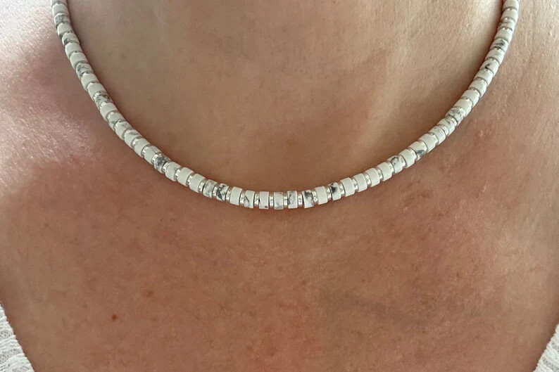 4mm White Buffalo Heishi Necklace, Women’s Men’s Unisex Beaded Gemstone Necklace