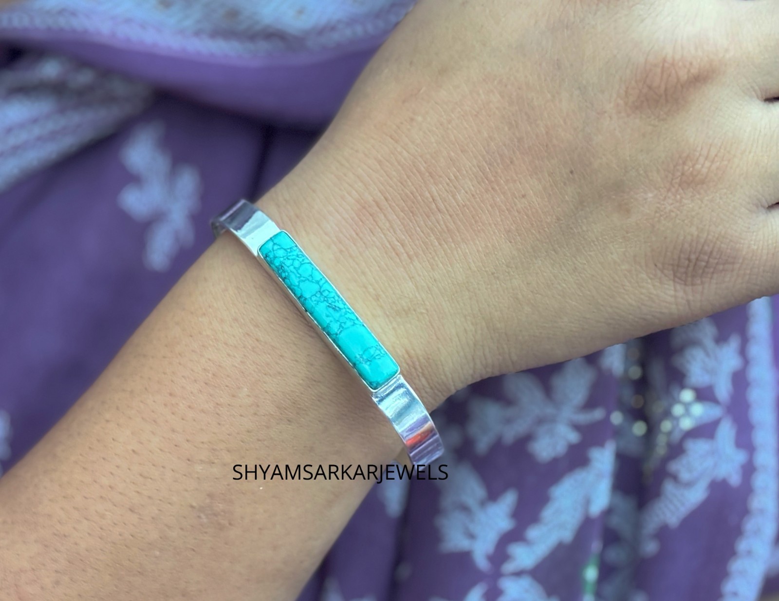 Turquoise Gemstone Open Cuff Bracelet 925 Silver Chunky Statement Bangle 7.5Inch