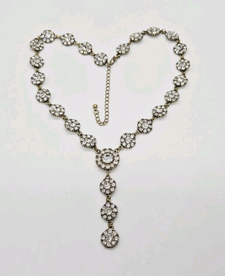 Flower Crystal Rhinestone Necklace Y Drop Gold tone Wedding Prom Pageant 20.5 in