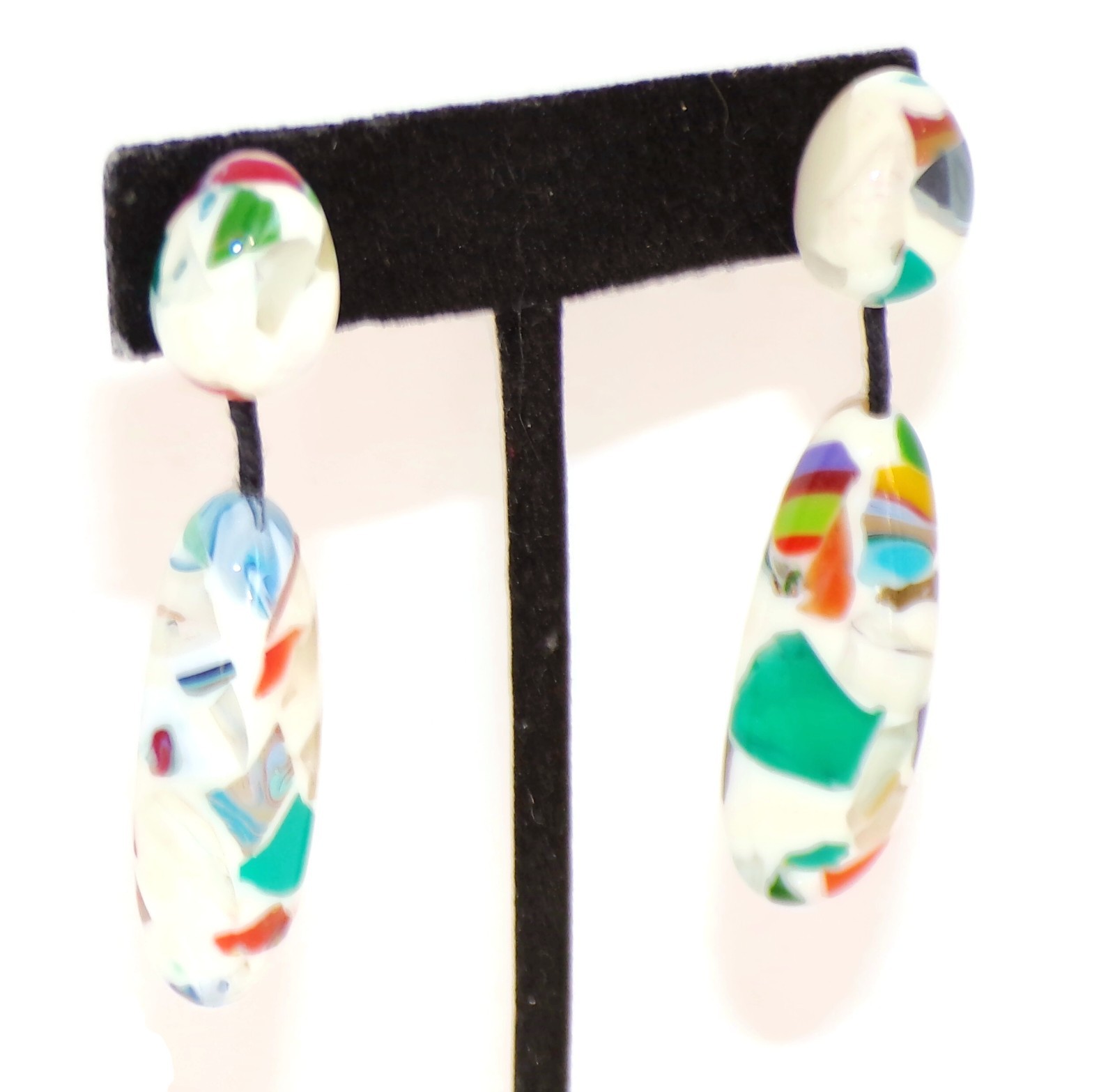 Sobral Caillou Multicolor Mosaic White Bead Artist Made Dangle Post Earrings