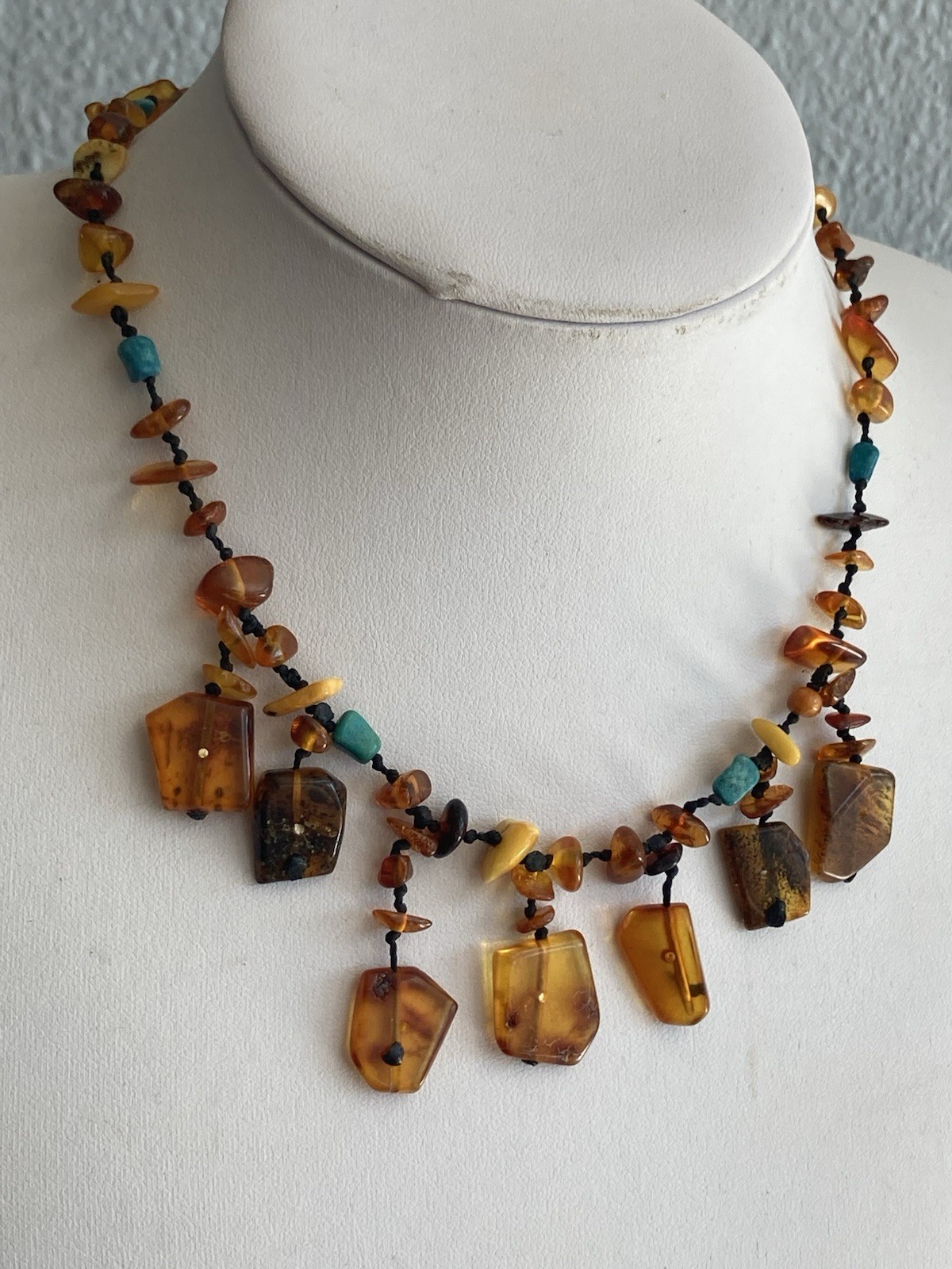 Vintage Necklace Baltic butterscotch amber, turquoise Chips 16.5″ Artisan OOAK