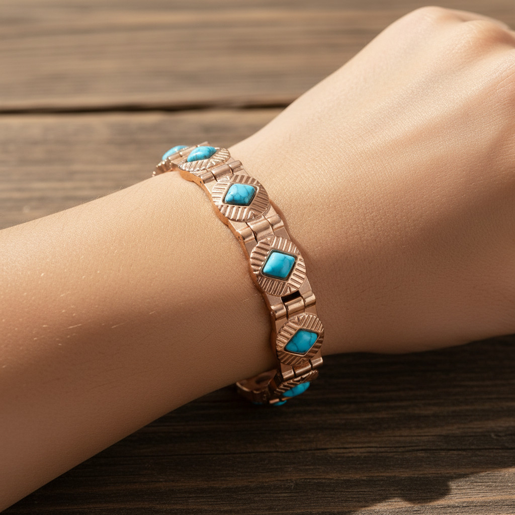 Stainless Steel Rose Gold Plated Link Magnetic Bracelet With Turquoise Stone