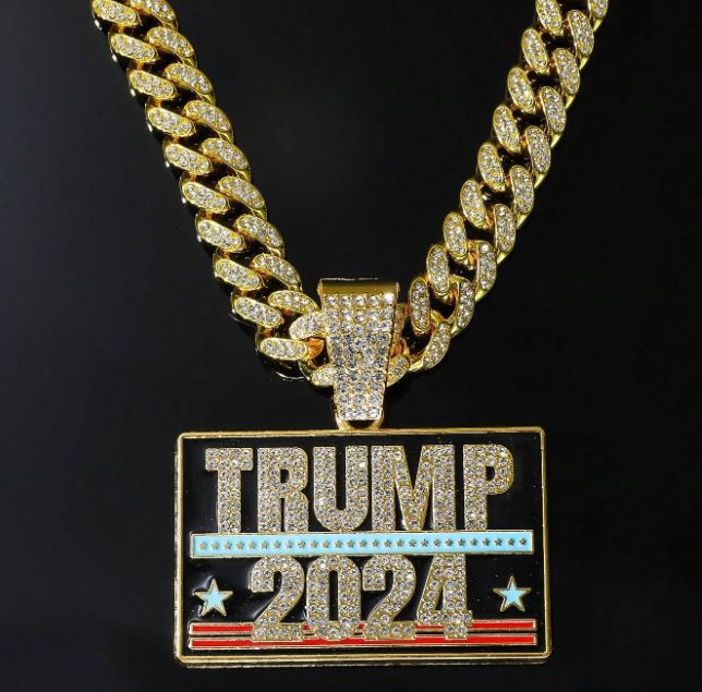 TRUMP 2024 Pendant 20″ Iced Cuban Cubic Zirconia Chain Hip Hop Necklace Jewelry