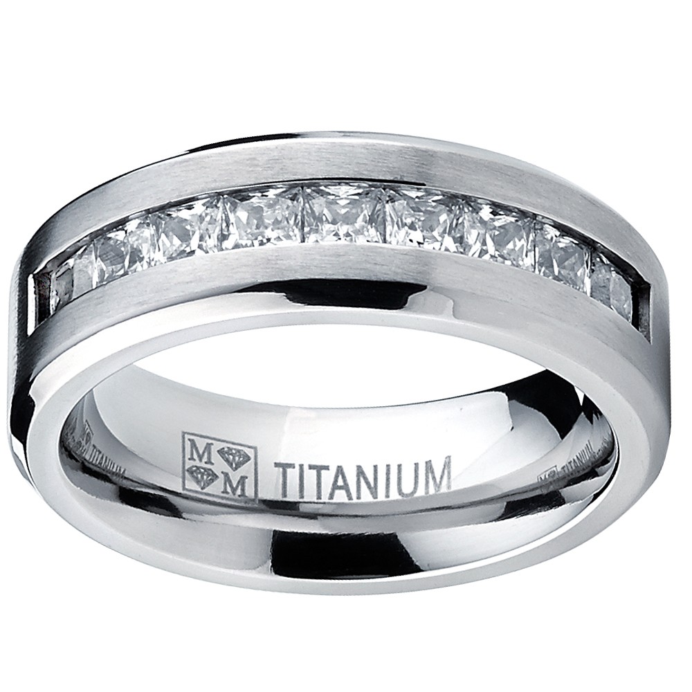 Titanium Men’s Wedding Band Engagement Ring with 9 large Princess Cut CZ