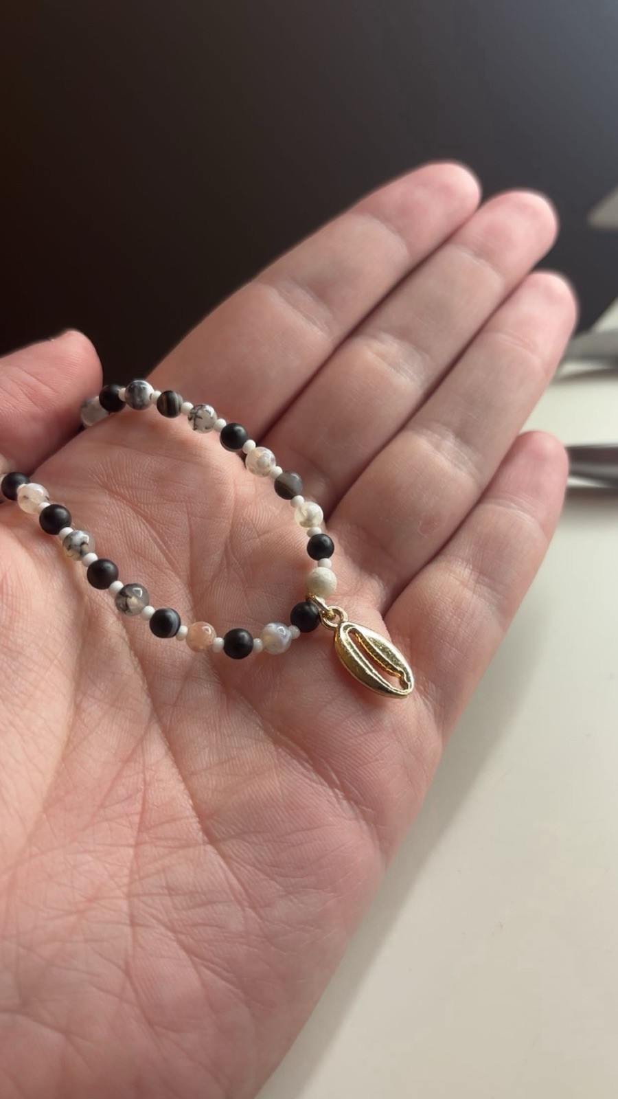 Black White Handmade Beaded Necklace with gold seashell charm