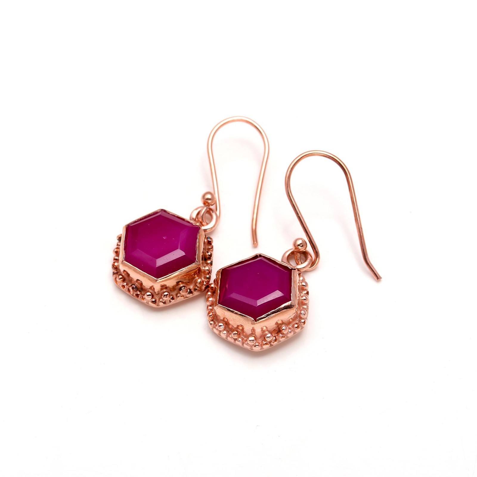 Natural Pink Chalcedony Hexagon Earrings Rose Gold Plated Solid Silver Jewelry