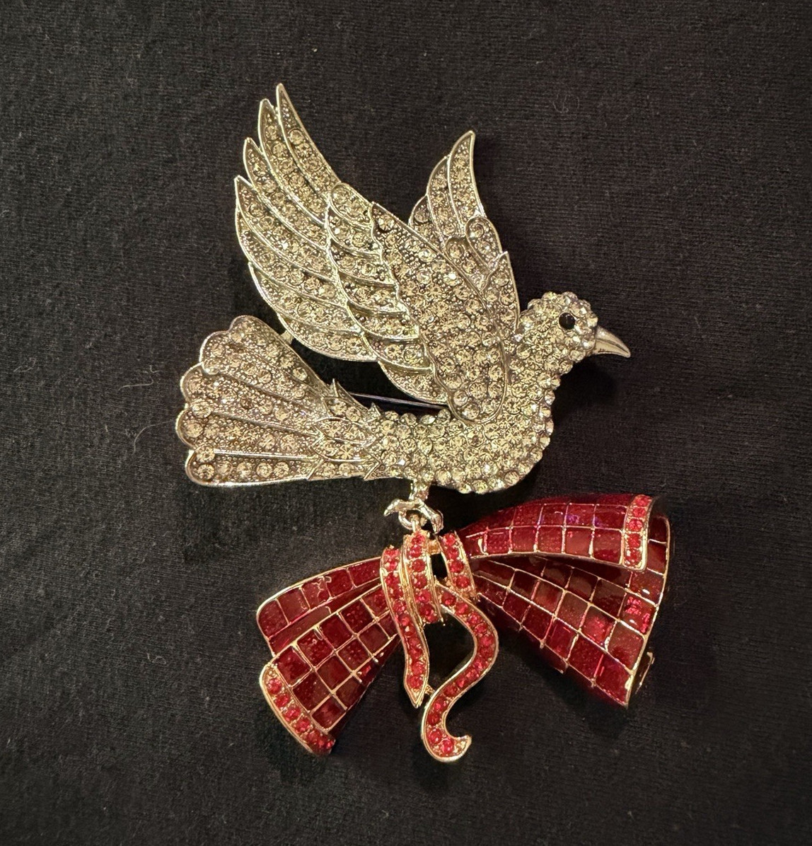 Silver Tone Clear Rhinestone Bird Brooch Pin w Red Enamel Bow 3.25in