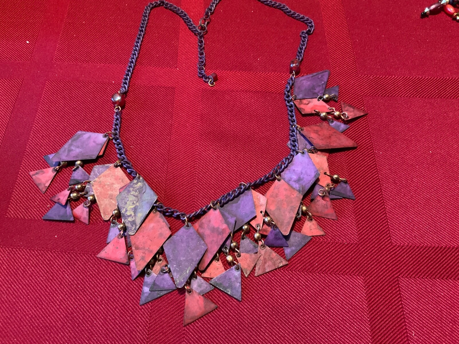 Geometric Necklace painted aluminum pink purple chain 24 inch long