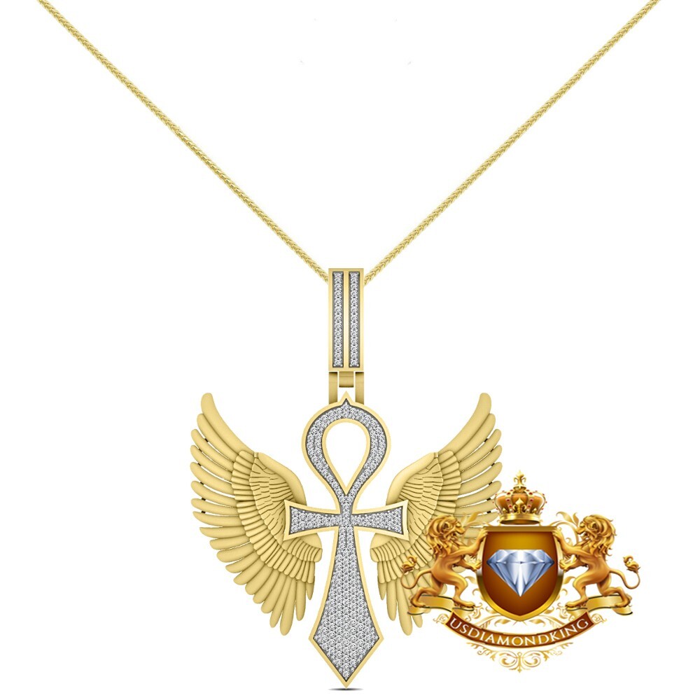 Real Diamond 0.89 Ctw. Ancient Egyptian Winged Flying Ankh Cross Charm Pendant