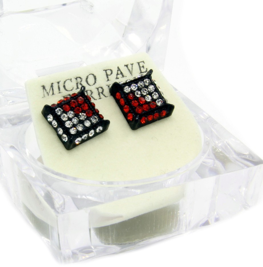Mens Black Red Cubic-Zirconia Cube Hip Hop Micro Pave Stud Earrings