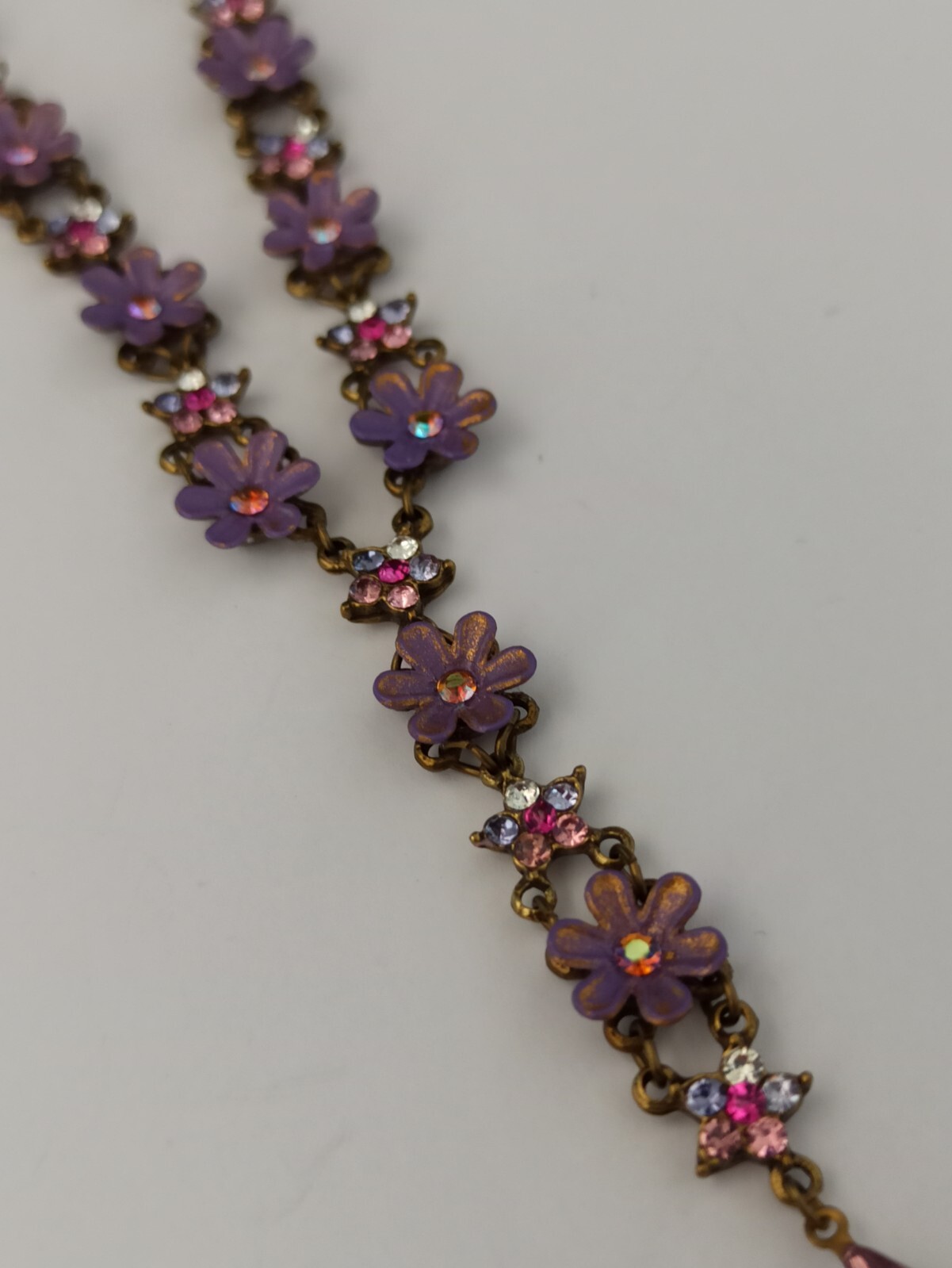 Michal Negrin Necklace Purple Flowers Pink Shades Crystals Cocktail Romantic Box