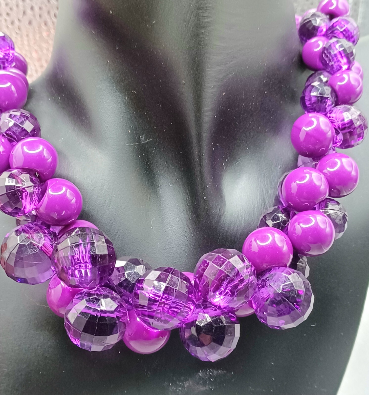 Purple Bauble Necklace Checkerboard Clear Facet and Opaque Smooth Beads 18-20″