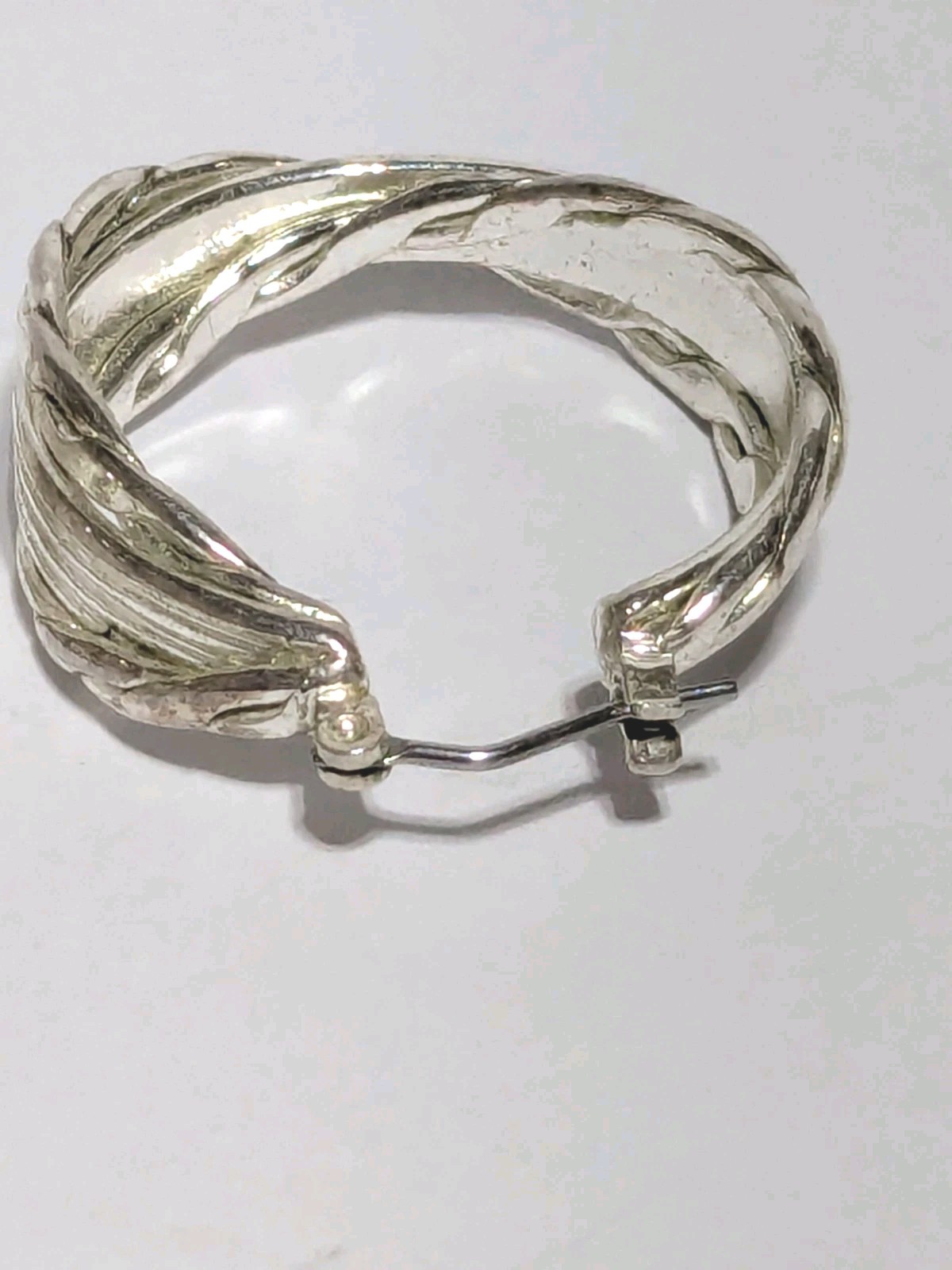 Silver Tone Twisted Textured Hoop Push Lock Dangle Earrings 1″.