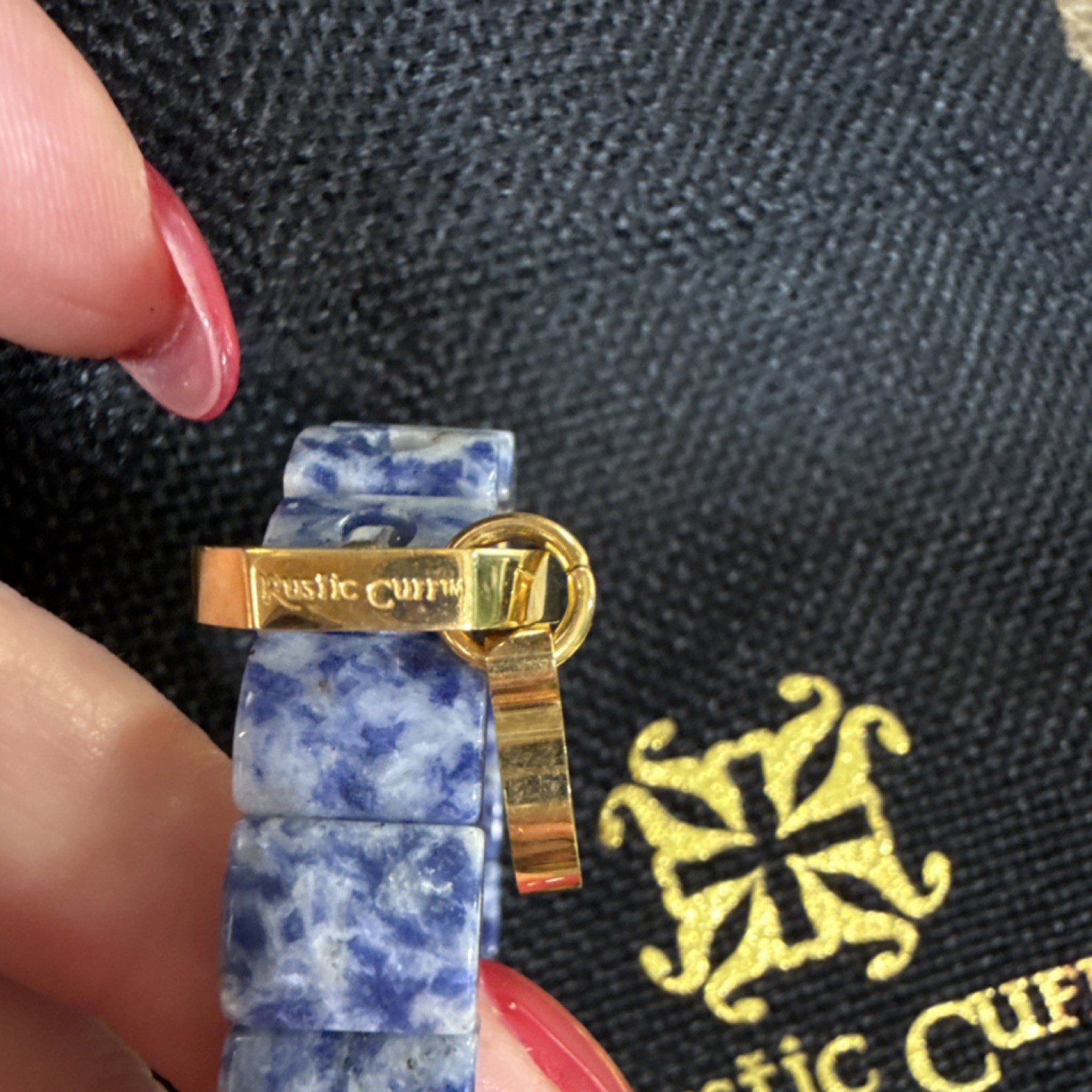 Rustic Cuff Blue Stone Beaded Bracelet Gold Dangle Charm Round 7″