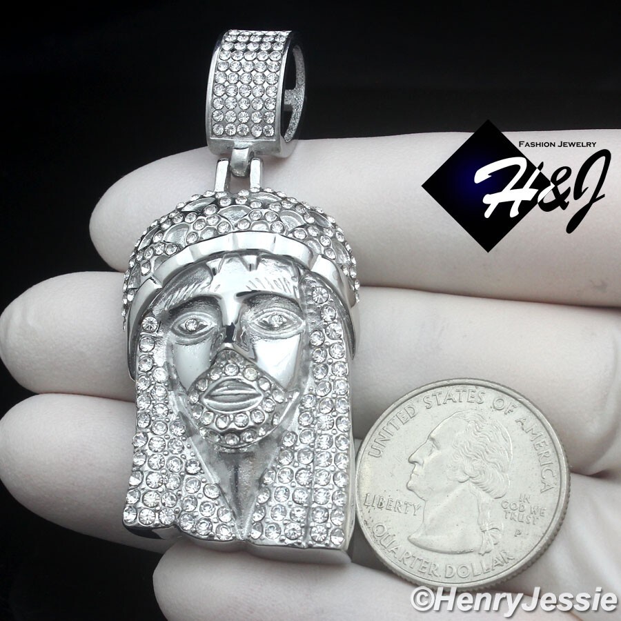 24″MEN Stainless Steel 5mm Silver Box Link Necklace ICY CZ Jesus Pendant*IP150