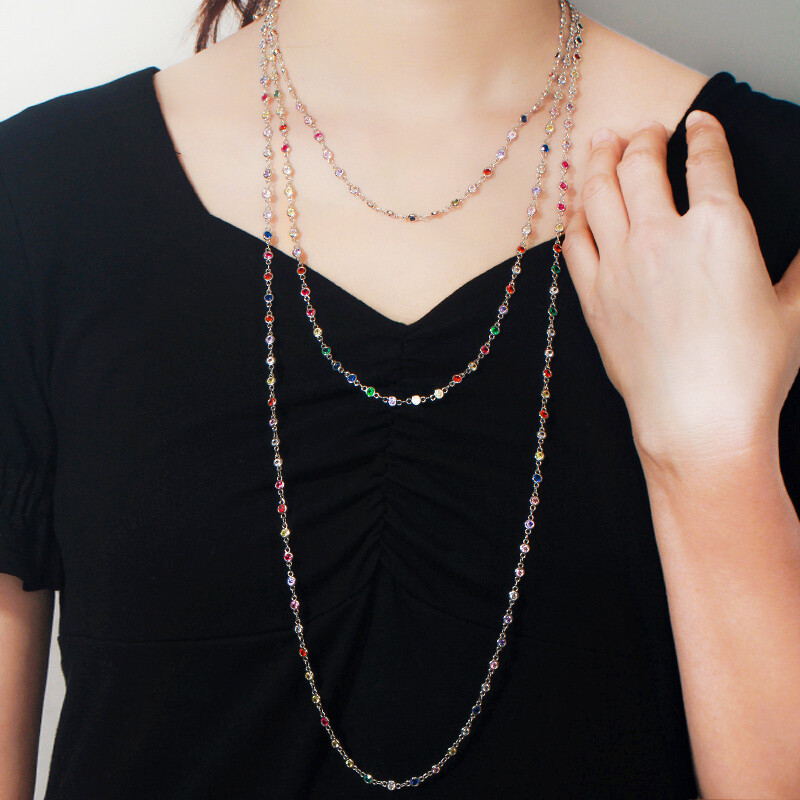 585 Gold Multicolored Round CZ Women Sweater Costume Long Chain Necklace Jewelry