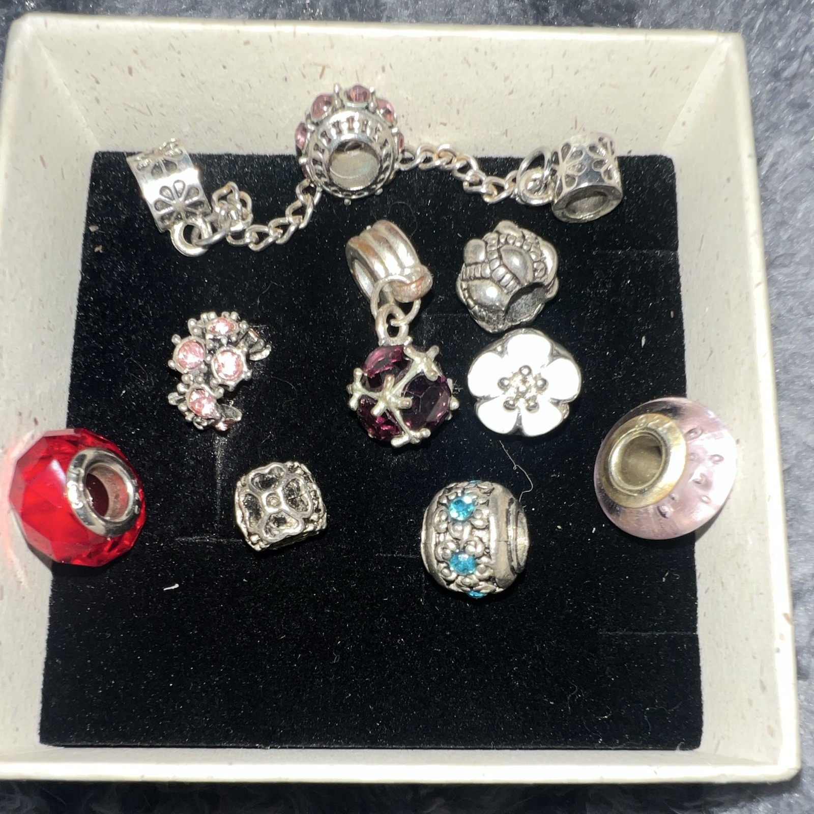 Mystery European Charm Beads Glass Dangles Safety Chains Mixed Lot 10 Piece