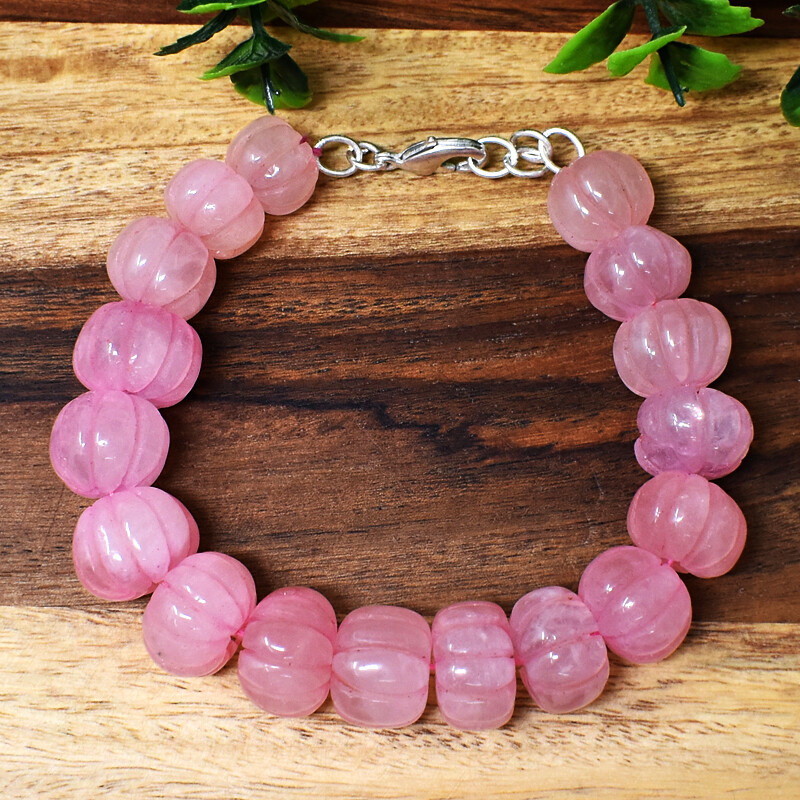 Pink Rose Quartz 305.00 Cts Natural 7″ Long Carved Beads Bracelet NK 39E178
