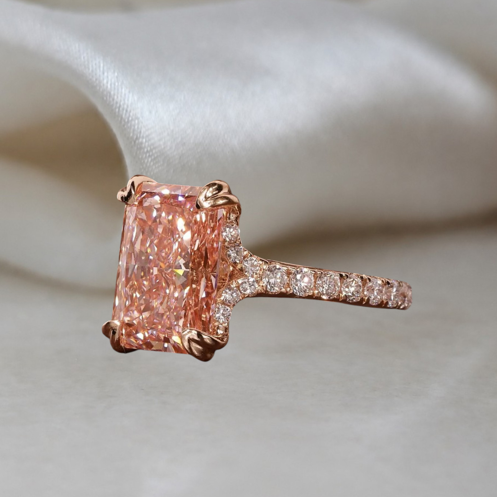 Radiant Cut 4.40 Ct IGI Lab Created Diamond Ring 14k Rose Gold Fancy Vivid Pink