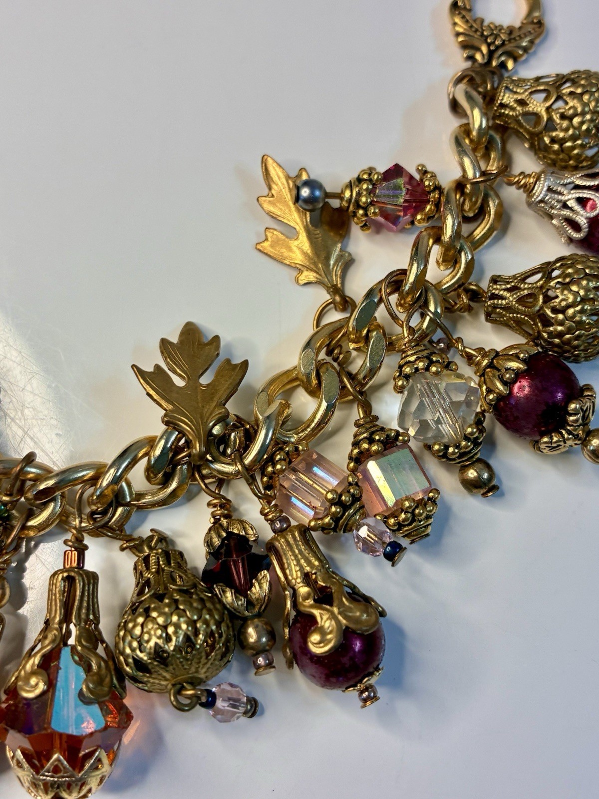 Gold Tone Cable Chain Charm Bracelet Toggle w/ Crystal Dangle Leaf Charms