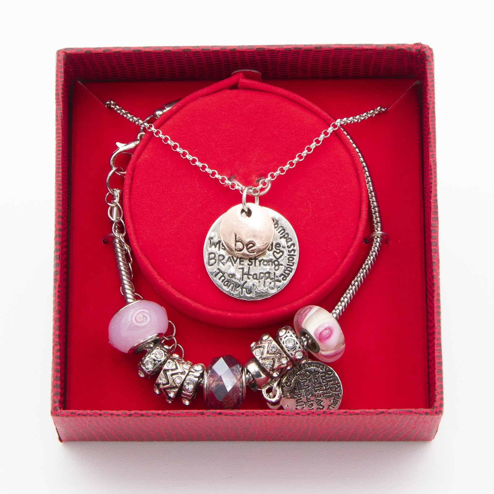Glam & Glow “Be Kind, Brave, Compassionate” Charm Bracelet and Necklace Set