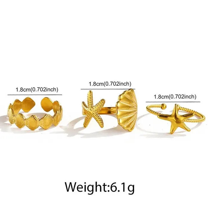 3Pcs Adjustable Stainless Steel Starfish Rings Set for Women Vintage Gold