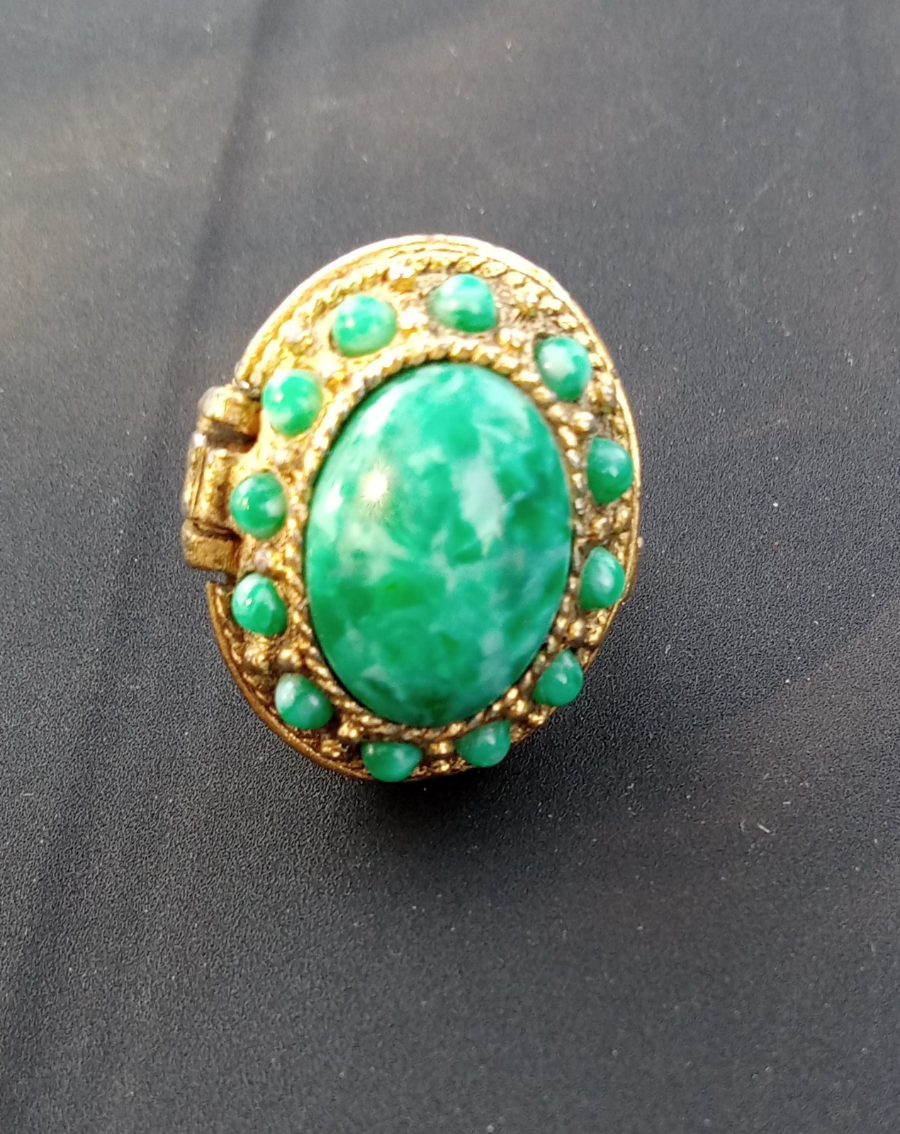 Vintage 1960’s Green Faux Turquoise Cabochon Gold Tone Perfume Adjustable Ring