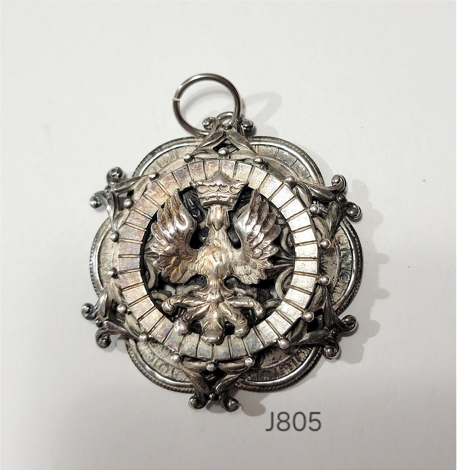 VTG Polish White Eagle Crowned Medallion Silver Tone Filigree Pendant