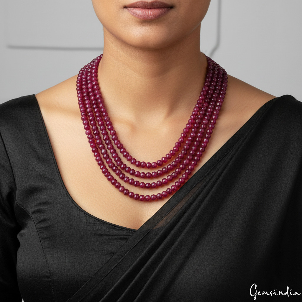 4 Strand Natural Ruby Necklace 4-6mm Plain Cabochon Beads W/ Silk Tassel 700 Cts