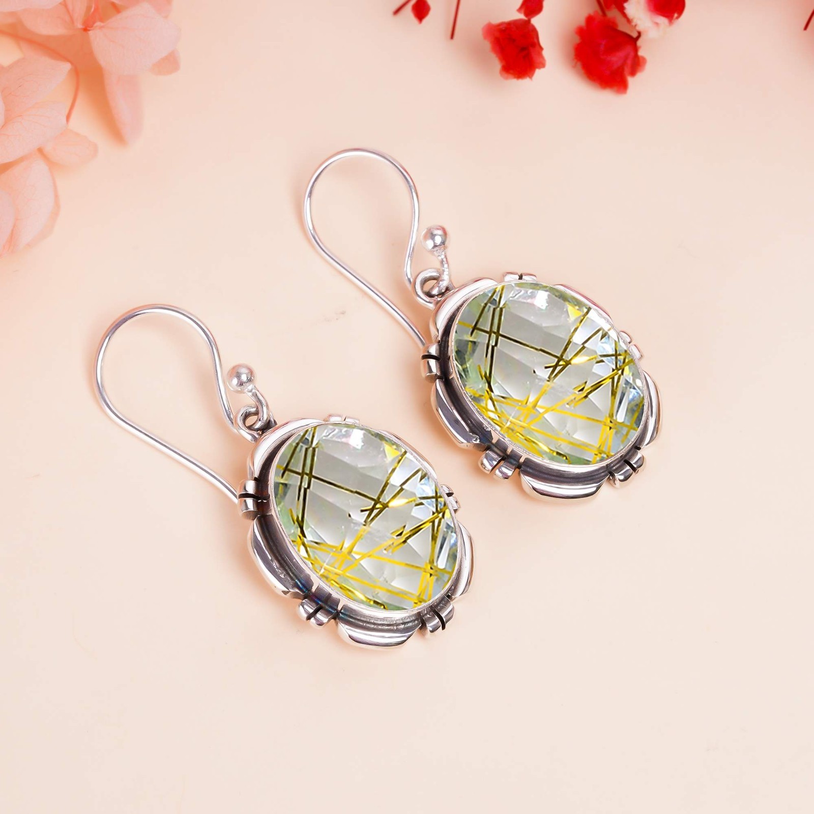 GOLDEN RUTILATED QUARTZ – SIMULATED 925 STERLING SILVER EARRING