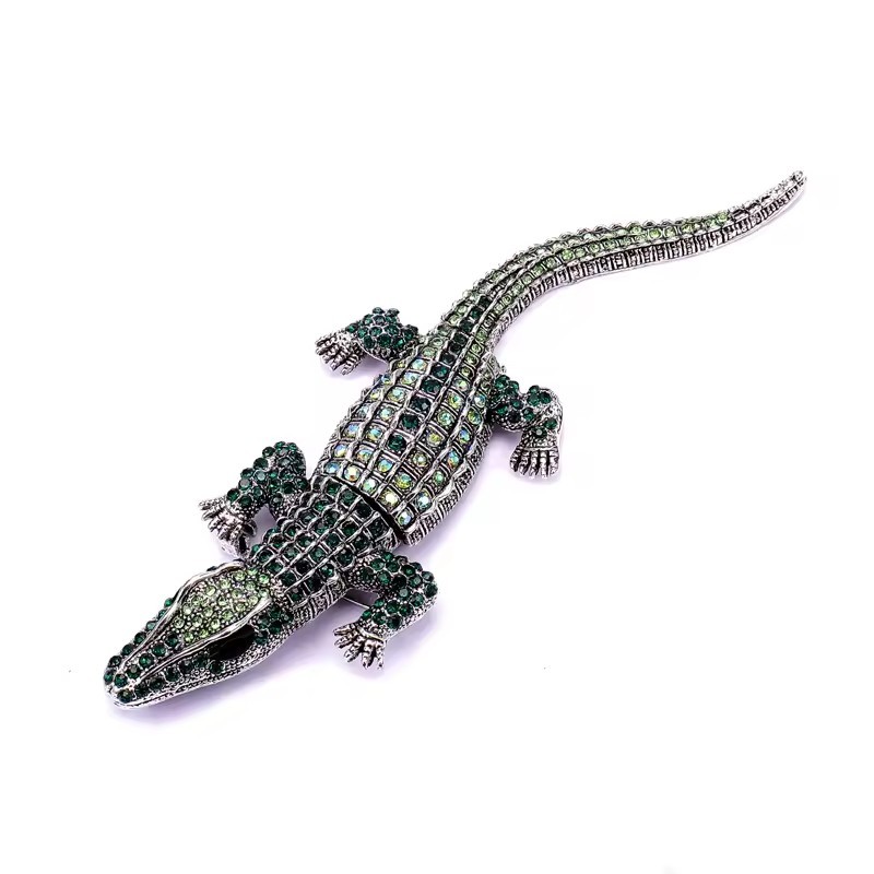 Vintage Art Deco Style Green Crystal Large Crocodile Alligator Brooch Pin – NEW