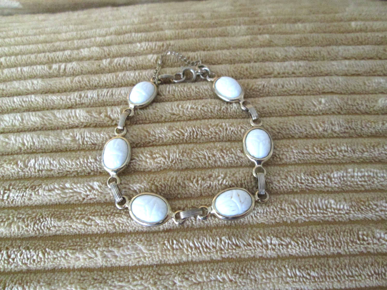 Vintage White Scarab Gold Tone Statement 7 in Bracelet with safety chain
