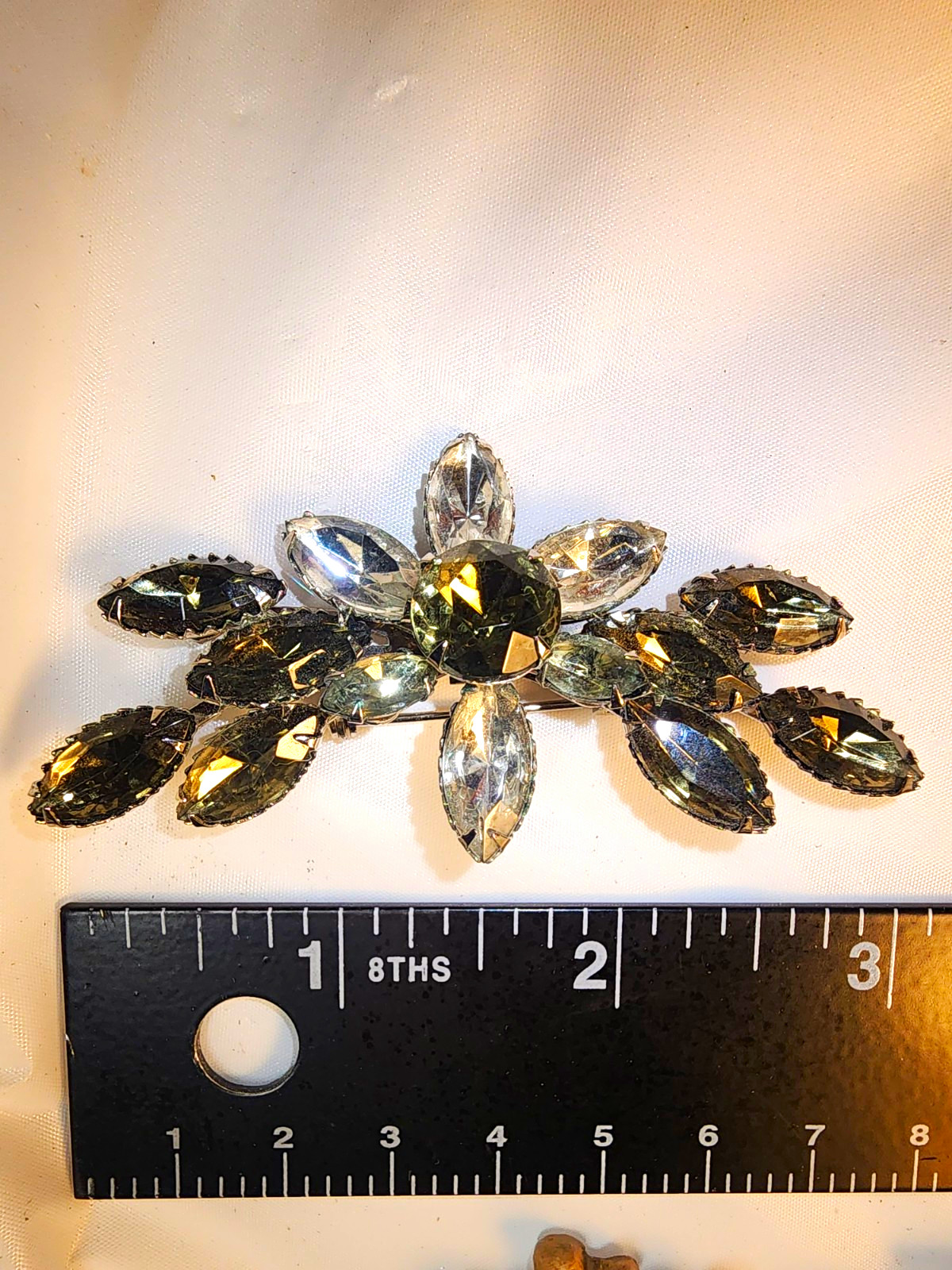 Vintage Smoky Gray Clear Rhinestone Brooch Silver Tone Mid Century Pin