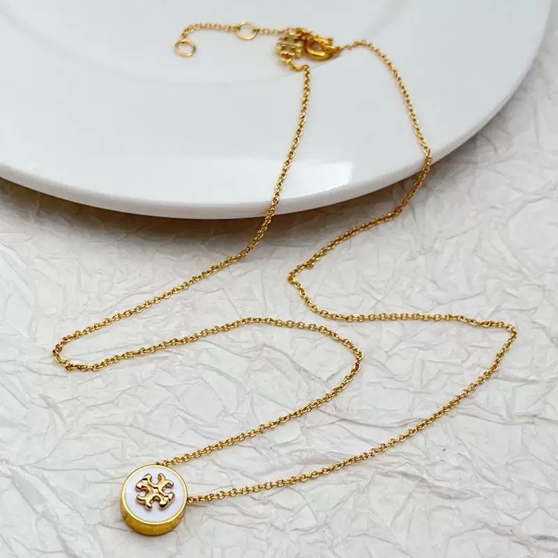 New Tory White Circle Gold Necklace with Jewelry Pouch 46.4+4cm