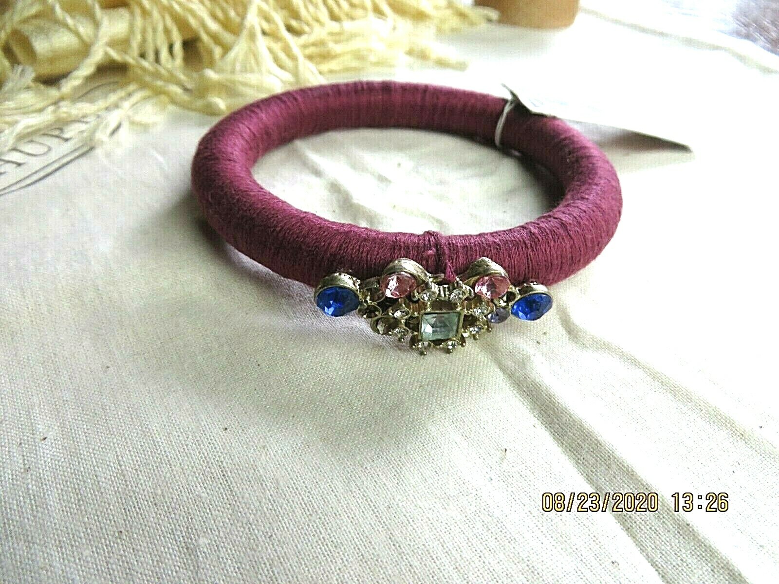 MACYS Fashion Silk Thread Wrapped Bangle Bracelet Crimson-Rose Red Beaded Center
