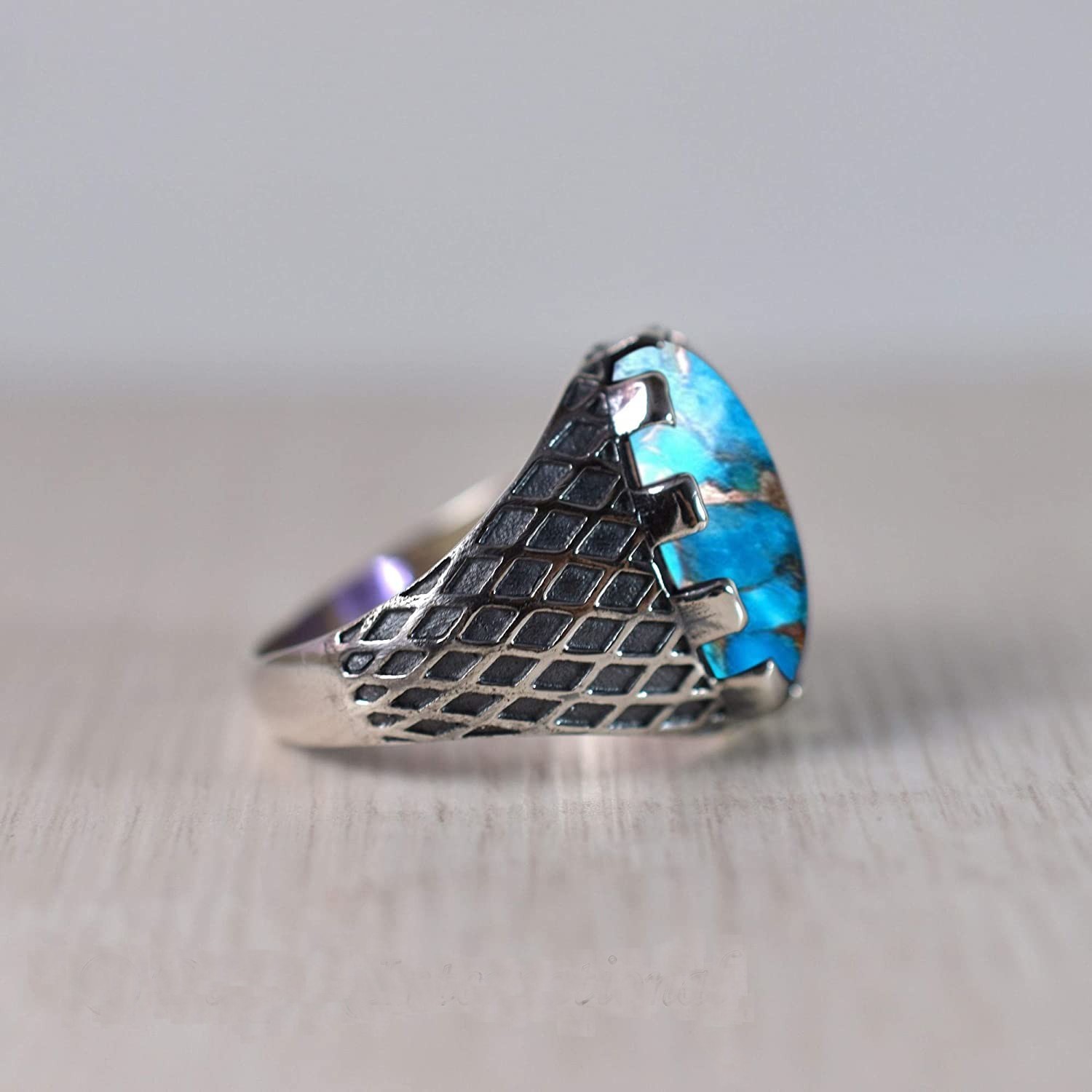 Solid 925 Sterling Silver AA Natural Copper Turquoise Gemstone Men’s Unisex Ring
