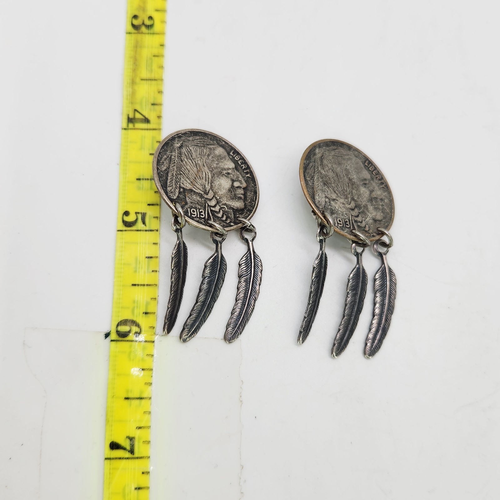 VTG Buffalo Nickle Indian Head 925 Sterling Silver Feather Dangle Coin Earrings