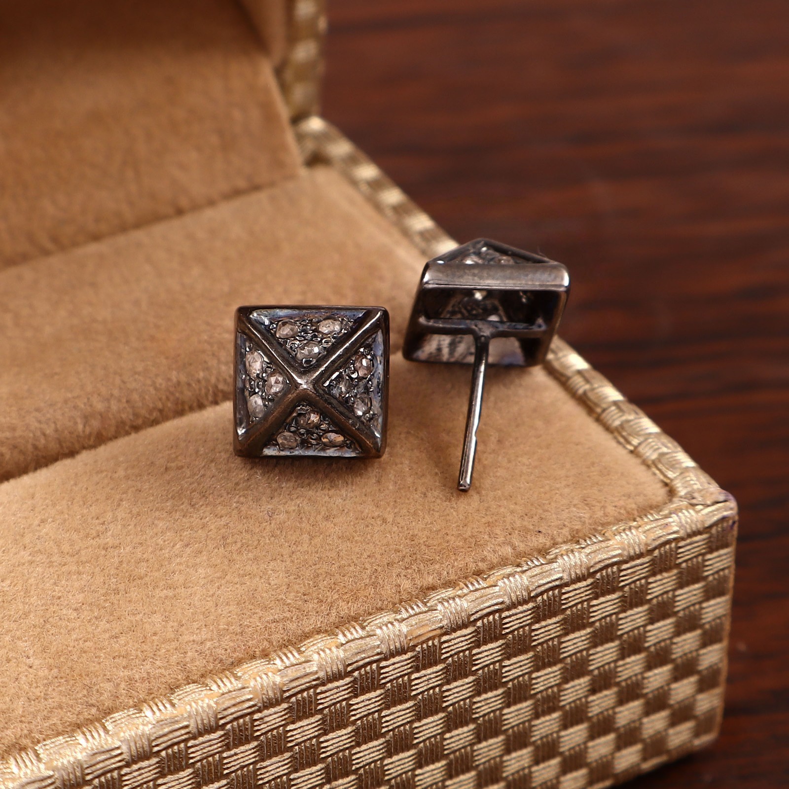 Natural Rose Cut Diamond pyramid studs Earrings 925 Sterling Silver Handmade