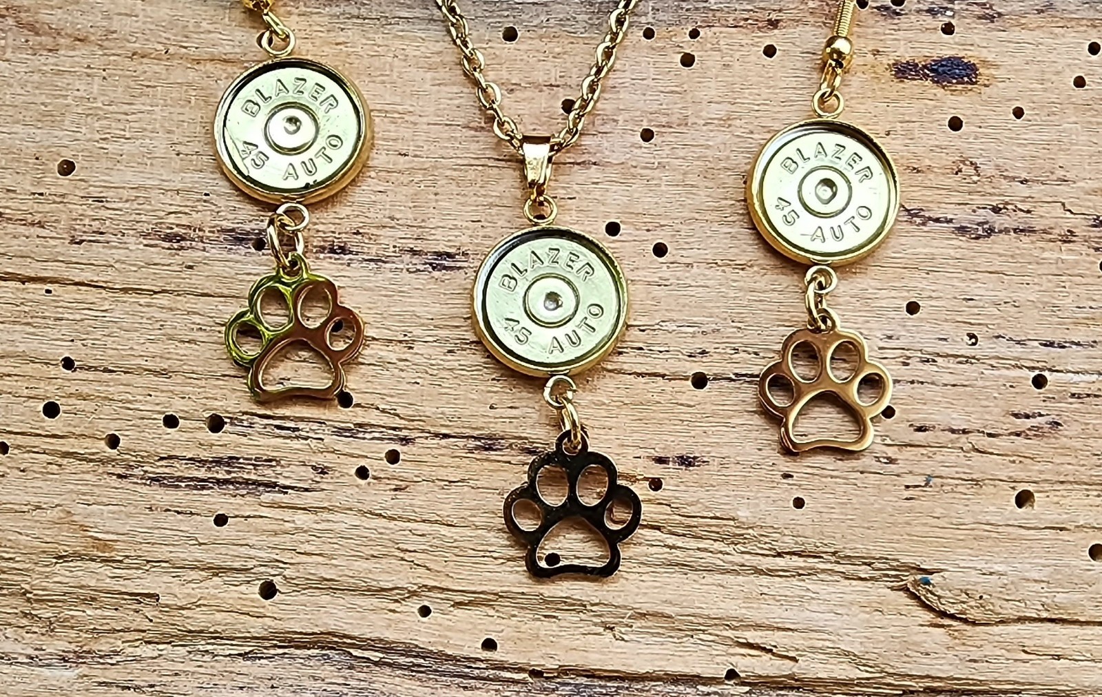Gold Stainless Bullet Necklace and Earrings with Paw Charms. Optional Color