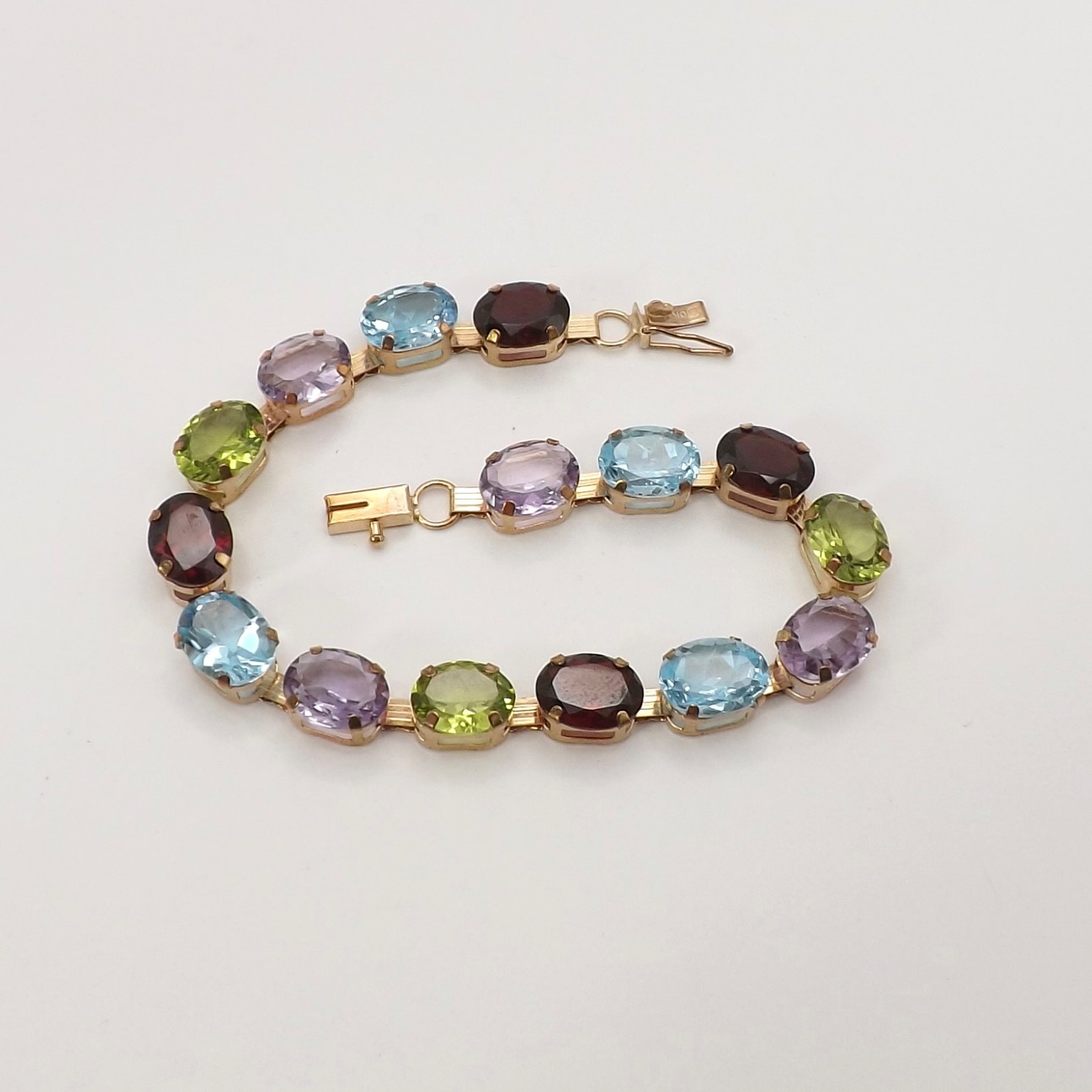 10k Gold Natural Rainbow Gemstone Tennis Link Bracelet 7in Garnet Topaz Amethyst