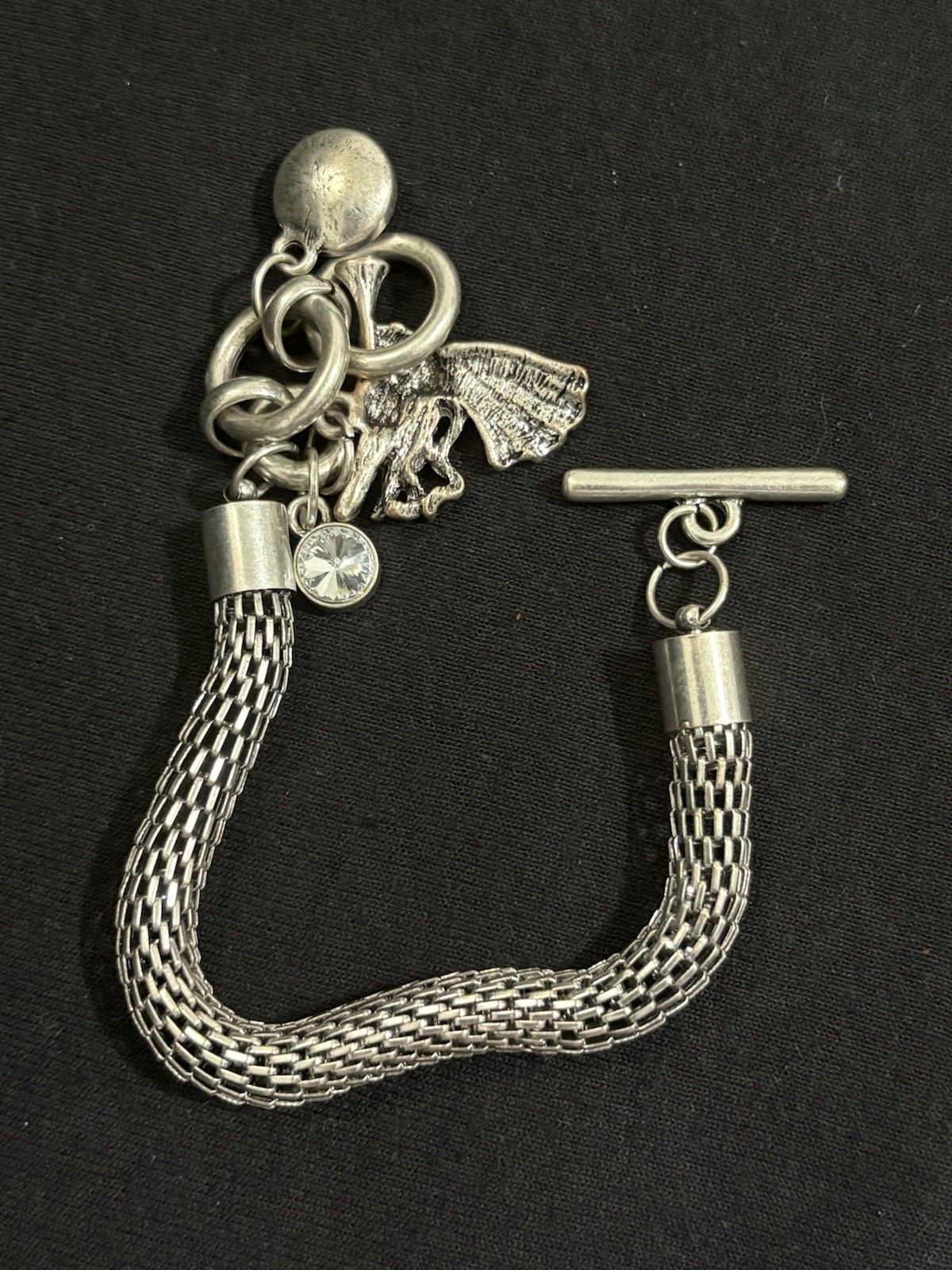 Vintage Silver Tone Fairy Charm Mesh Bracelet Crystal Dangle Toggle Statement 8”