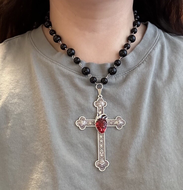 Large Victorian Cross Necklace Chain Silver Religious Gothic Grunch Whimsgoth