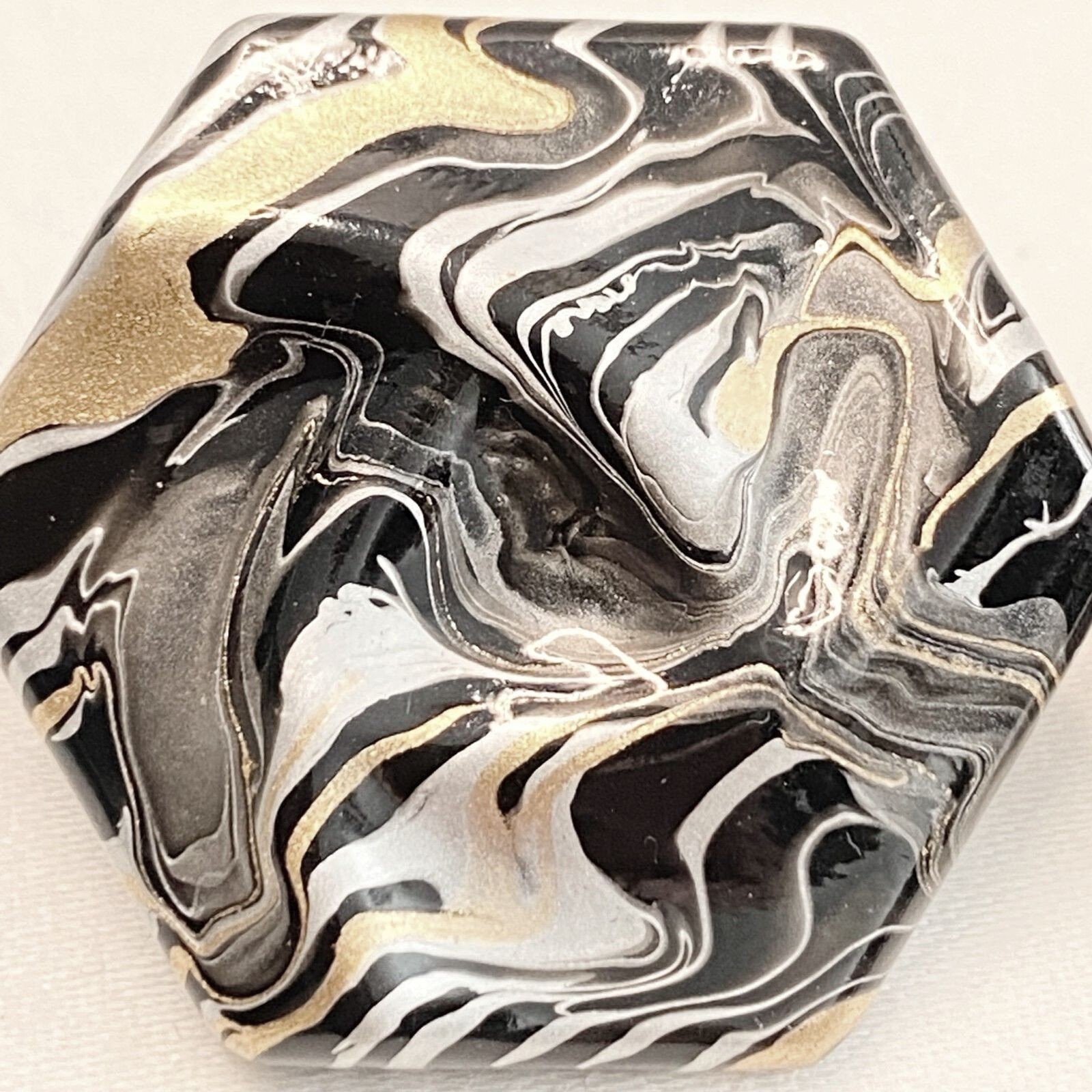 Celluloid Acetate Pentagon 3D Gold Black White Swirl Button Stud Earrings