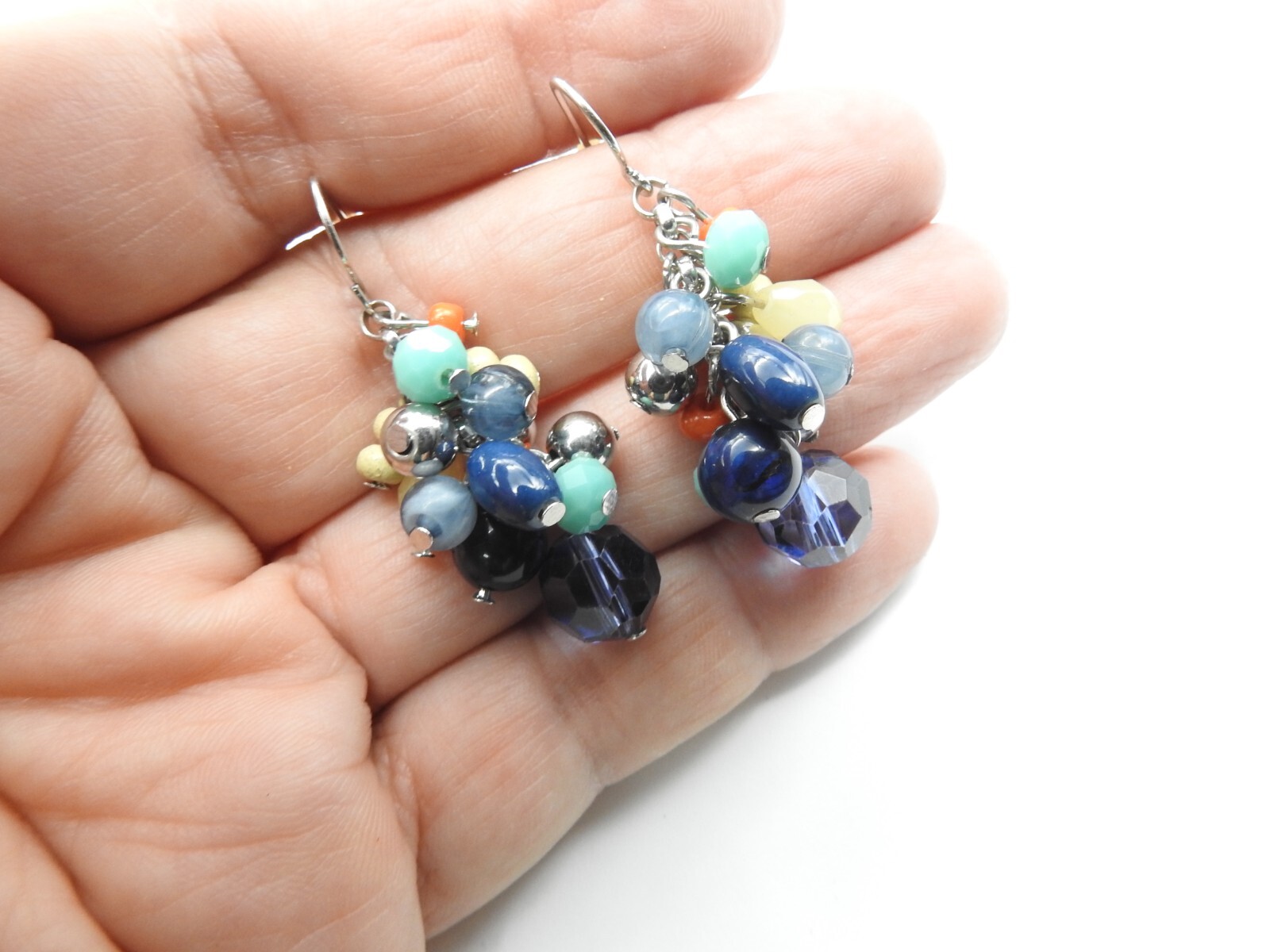 Blue Orange Beige Silver Glass Plastic Crystal Beaded Pierced Earrings Vintage