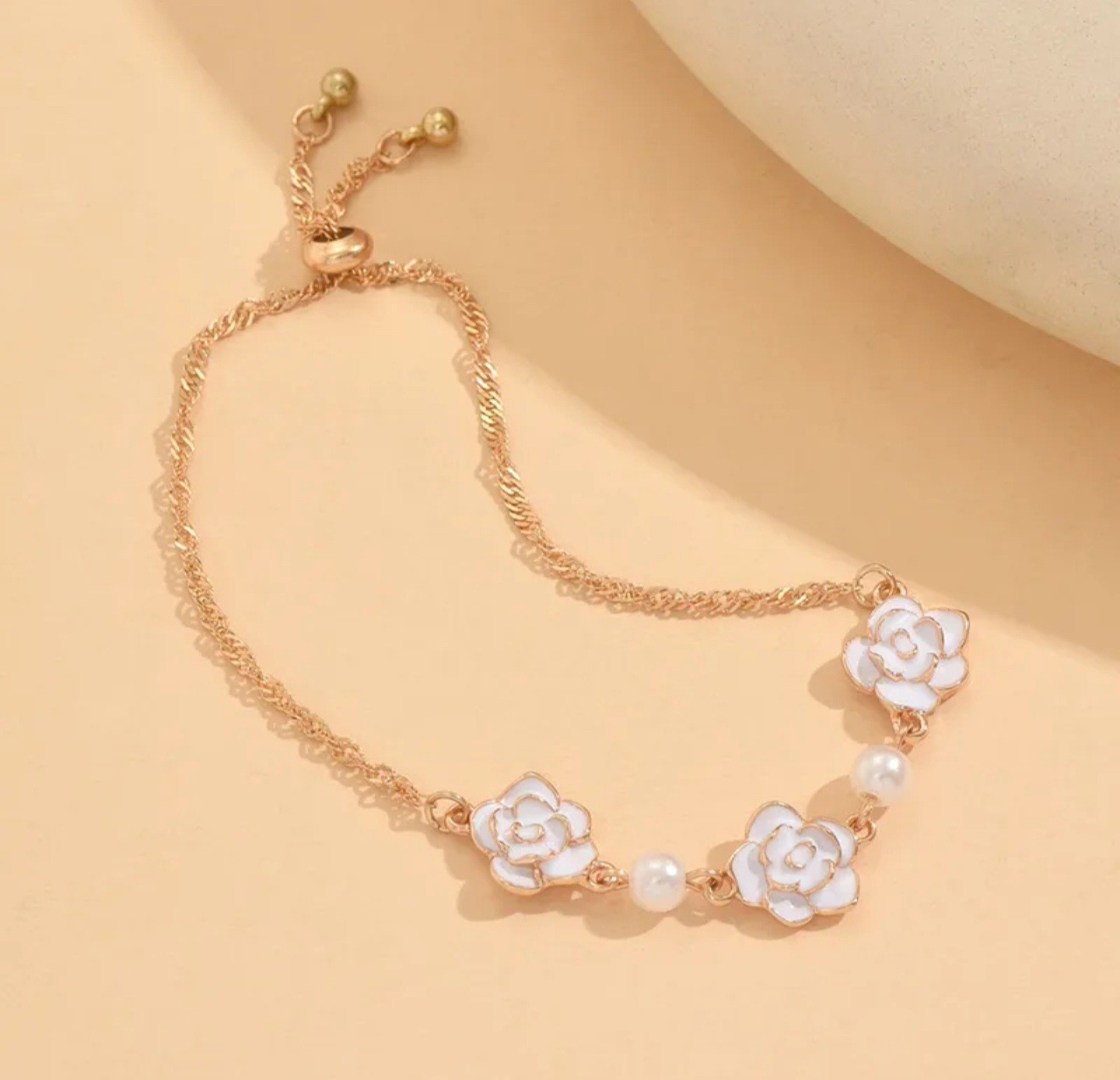 Gold Tone Adjustable Chain Bracelet w/ White Flower Charms & White Pearls